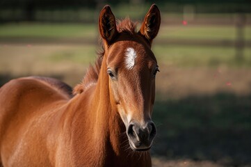 Fototapeta premium Adorable young horse foal with chestnut coat in an outdoor summer setting