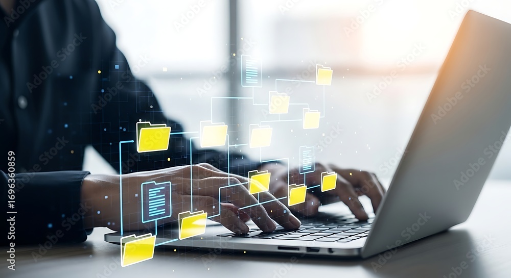 Fototapete close up of a person s hands typing on a laptop with digital data visualizations and glowing icons r