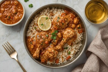 Top-down view of chicken Mandy, a traditional Middle Eastern rice and chicken dish