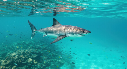 Fototapeta premium Great white shark swims near coral reef in clear blue water