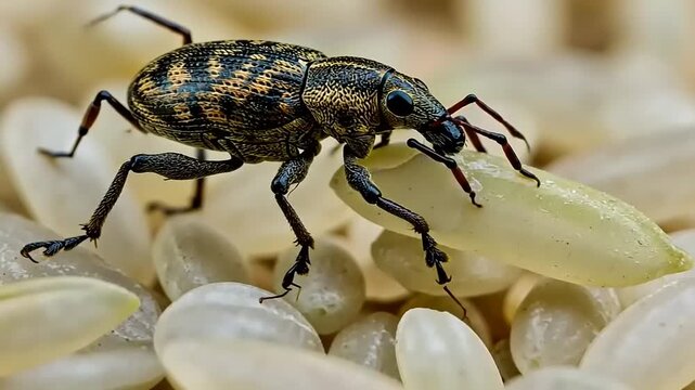 Close-up of a weevil on rice grains, showcasing details