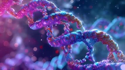 A vivid, abstract representation of a DNA double helix against a cosmic backdrop of stars and nebulae. The artwork is characterized by a rich palette of purples, blues, and pinks.