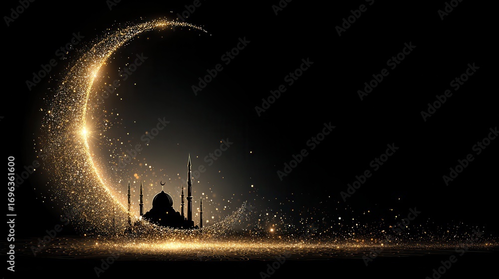 Poster sparkling crescent moon and castle create a magical atmosphere in a dark background