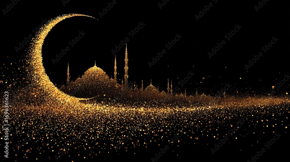 Poster sparkling crescent moon and castle create a magical atmosphere in a dark background