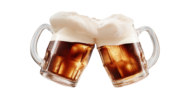 Two beer mugs clinking in celebratory toast with golden amber liquid and white foam. Perfect for Oktoberfest, pub culture, friendship celebrations and traditional German festival concepts.