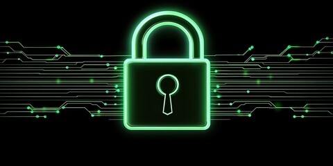 Glowing Green Padlock Digital Security System