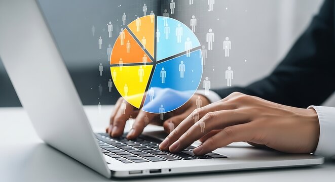 Close up of a person s hands typing on a laptop with a colorful pie chart and abstract network of people icons overlayed representing data analysis and business strategy