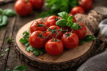 Herbs and cherry tomatoes arranged on a wooden surface, nutritious eating
