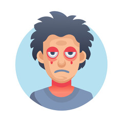 Vector art of man with red eyes and face, a sign of exhaustion