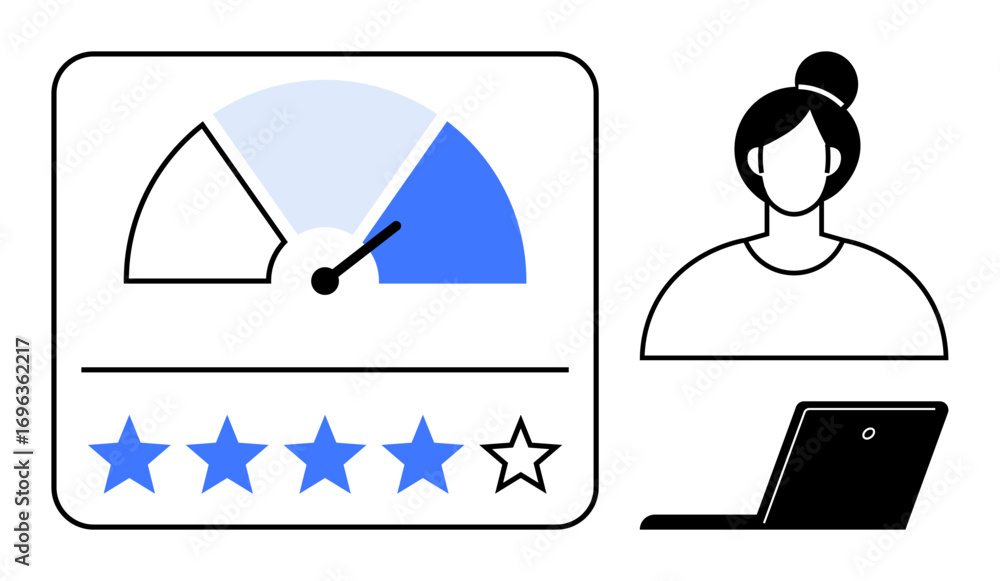 Aufkleber customer satisfaction meter with rating stars and dashboard, next to a professional working on a lap
