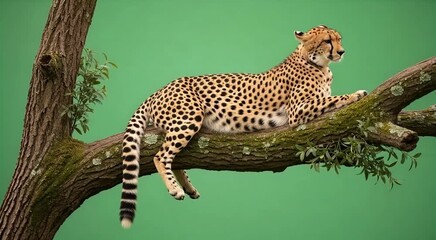 Majestic cheetah rests peacefully on a sturdy tree branch against a vibrant green backdrop. - Powered by Adobe