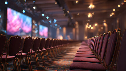 A conference hall with rows of empty chairs and a stge with a screen in the bakground.