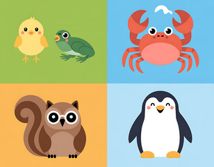 Obraz premium Cute cartoon animals including a chick frog crab squirrel and penguin on colorful backgrounds