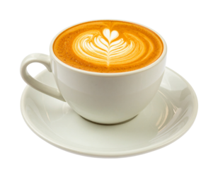 Cappuccino in White Ceramic Cup with Foamy Heart Latte Art, Front View, Isolated on White Background