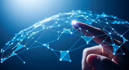 Close up of a human finger touching a glowing blue digital network globe representing global connectivity technology and the future of data