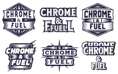Chrome and fuel lettering emblems with vintage design suitable for hot rod enthusiasts motorcycle graphics retro automotive branding motorhead subculture projects and vintage based merchandise