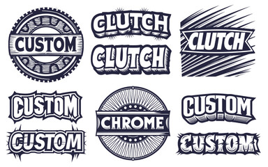 Obraz premium Retro monochrome emblems with bold lettering and graphic badges suitable for classic car branding motorcycle apparel posters hot rod visuals greaser themes, vintage automotive promotional merchandise