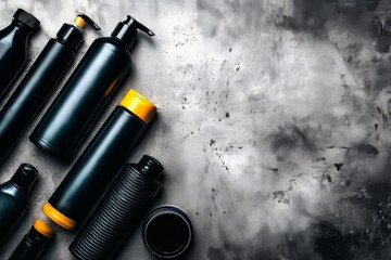 Black and yellow cosmetic containers arranged on a textured surface in a modern setting