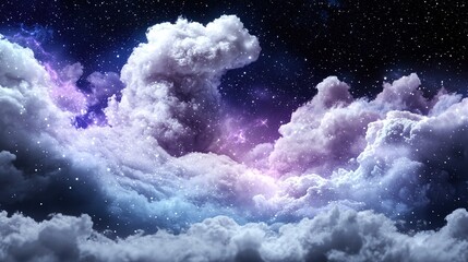   A sky brimming with numerous white clouds beneath a starry night sky In the foreground lies the silhouette of a full moon