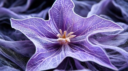   A zoomed-in image of a vibrant purple bloom surrounded by many foliage in the foreground, with an out-of-focus background