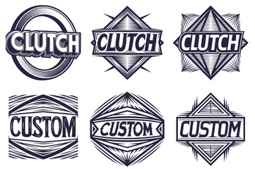 Vintage emblems with clutch and custom lettering inside geometric frames suitable for classic car branding hot rod culture motorcycle graphics retro poster design, automotive promotional merchandise