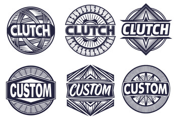 Monochrome vector emblems featuring clutch and custom lettering in circular diamond and hexagonal shapes with radial patterns suitable for automotive branding motorcycle graphics retro design projects