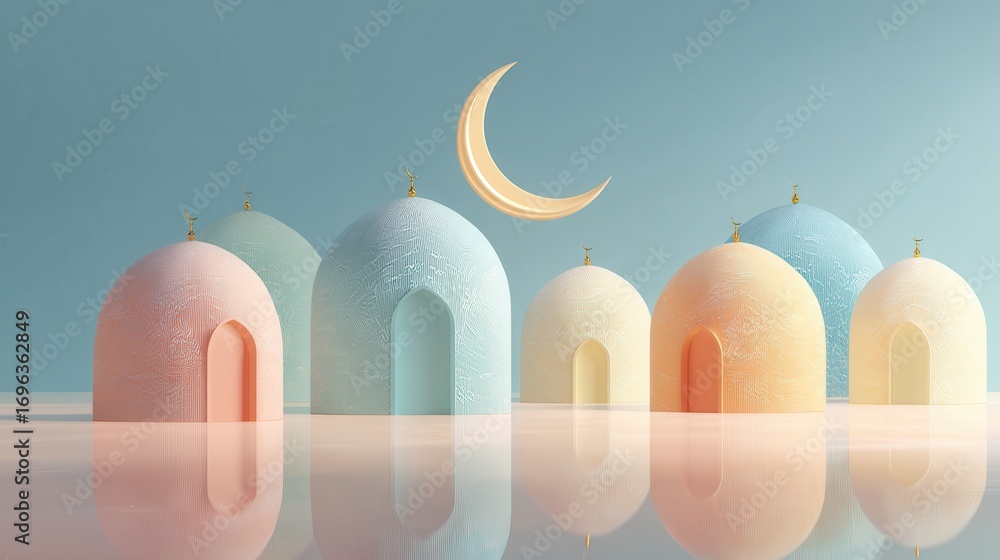 Poster colorful abstract art featuring soft curves and gradients resembling mystical structures under a dre