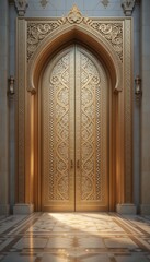 Obraz premium Intricately detailed ornate wooden arched doorway with carved decorative patterns in historic