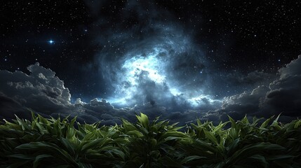   A lush green field of plants is dotted with the foreground Above, a night sky brims with stars and billowing clouds