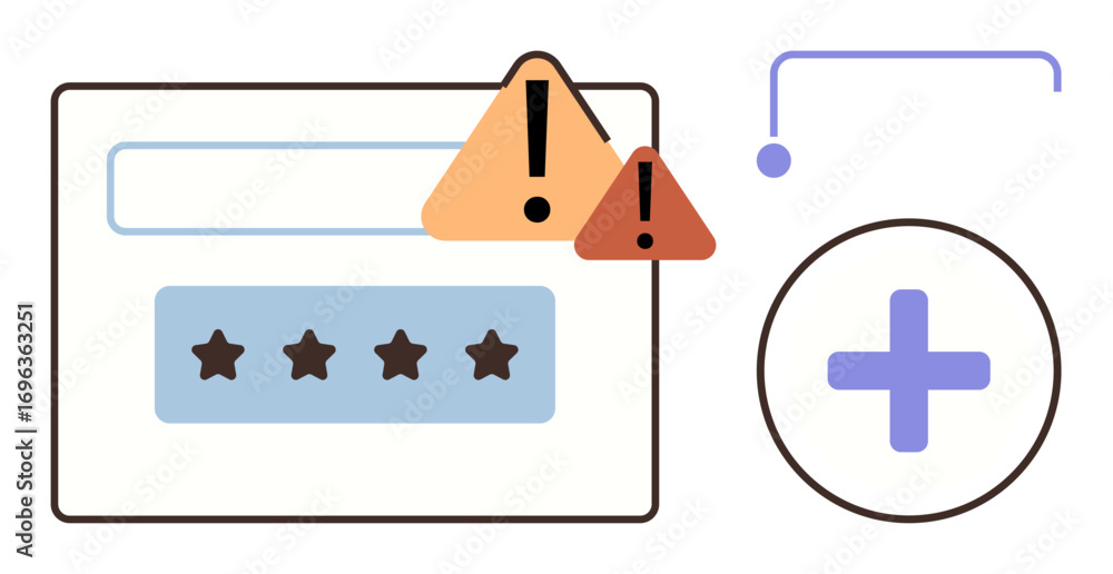 Poster warning triangles over a password field with rating stars, accompanied by a plus sign and connector.