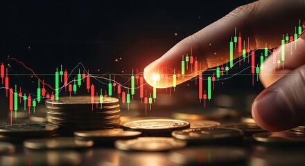 Close up of a finger touching a glowing light above a stack of coins and a financial stock market trading chart with red and green candlesticks
