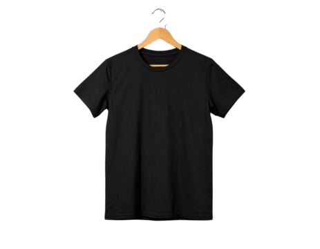 Black T-Shirt Draped on Wooden Hanger, Angled Side View with Shadow on Concrete Wall, Isolated PNG