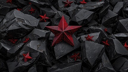   A red star surrounded by black rocks with red stars inside and on top