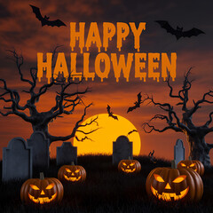 Happy halloween night scene with spooky trees, pumpkins and bats