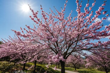 Fototapeta premium Springtime scenery with pink cherry blossoms and bright sunshine