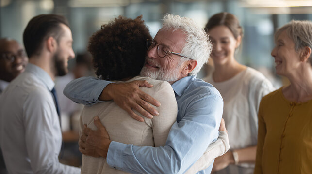 Employees hugging and saying goodbye to a retiring colleague, emotional farewell in the office.