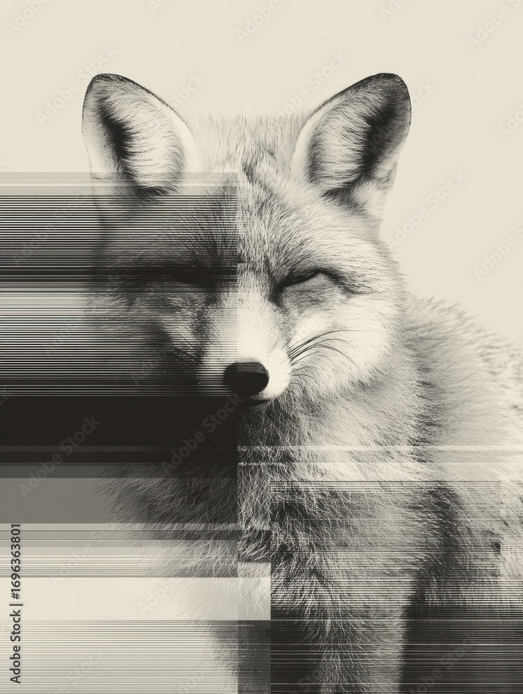 Poster creative depiction of a fox with glitch art style highlighting its playful expression and unique fur
