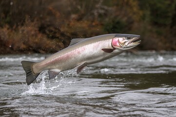 Fototapeta premium Salmon leaping upstream to reproduce