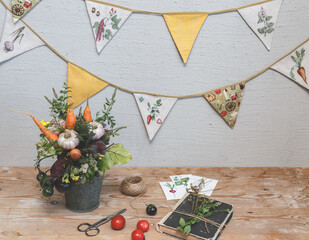 Rustic Harvest Still Life with Fresh Vegetables and Herbs