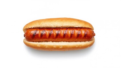 Grilled sausage in a bun shown from above on a white background