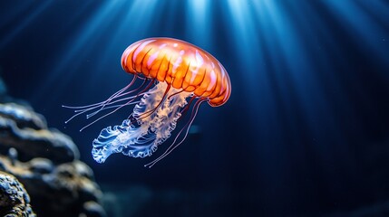   Close-up of a jellyfish in an aquarium, illuminated from above