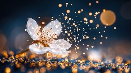   Close-up of a white flower against a blue background, adorned with golden highlights and soft boke of diffused light