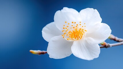   A large white bloom with yellow stamens on a tree limb against a blue sky background