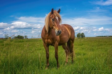 Fototapeta premium Equine grazing in a sunny field amidst lush greenery