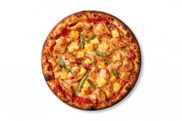 Sizzling pizza topped with pineapple chunks and chicken pieces against a white backdrop