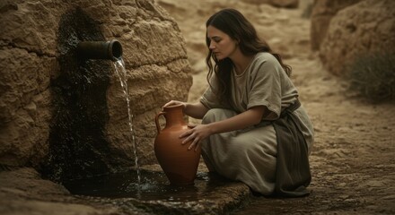 Woman filling clay jug with water from ancient pipe. Biblical desert scene depicting thirst, life, and living water concept.