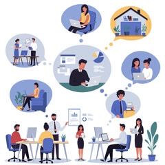 Diverse Employees in Modern Office with Remote Work Thought Bubbles, Illustrating Flexible Hybrid Corporate Policy Choices