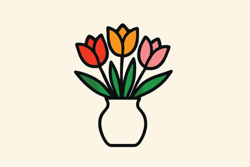 Vibrant Tulip Bouquet in a White Vase Minimalist Outline Illustration.