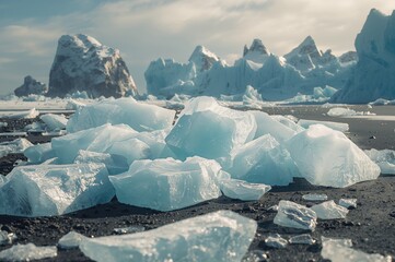 Frozen ice formations scattered along the shoreline during the cold season. Sunlit icy mounds glistening under the winter sky. Tall ice heaps and vibrant blue ice chunks. Close-up view.