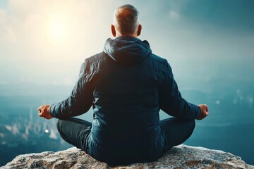 Meditation on a rocky cliff at sunrise overlooking the valley and mountains in peaceful solitude